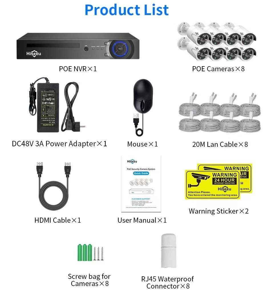 5MP IP Camera System Kit NVR PoE Outdoor Security CCTV Face Detect H.265+8 Cams