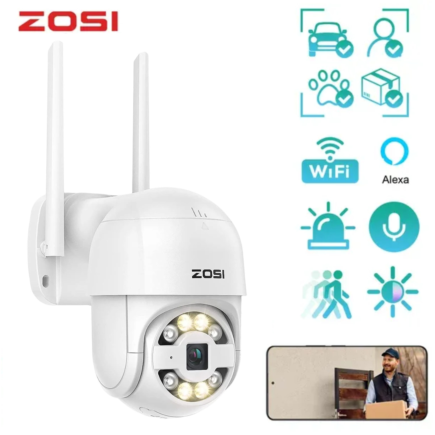 ZOSI 2MP Wireless PTZ IP Camera WiFi Home Outdoor ColorVu AI Human/Car Detect