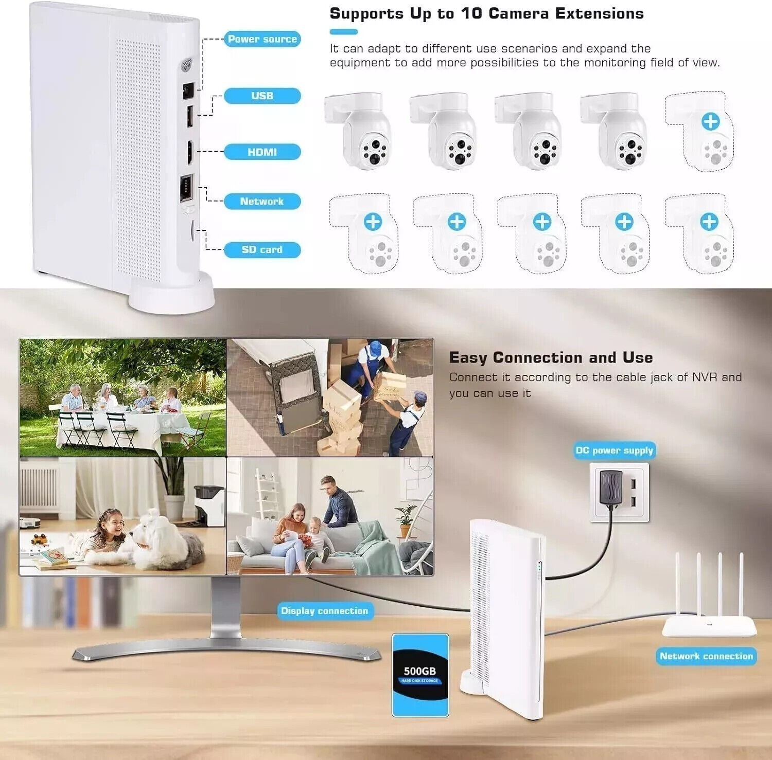 10CH Solar Wireless Security Camera System 8000mAh Battery 360° PTZ Night Vision