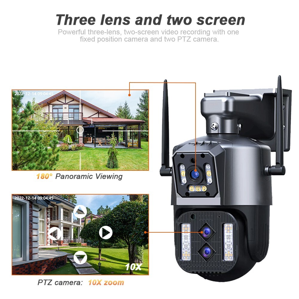 WiFi 12MP Wireless PTZ Camera Security Waterproof 3-Lens Auto Tracking IP CCTV