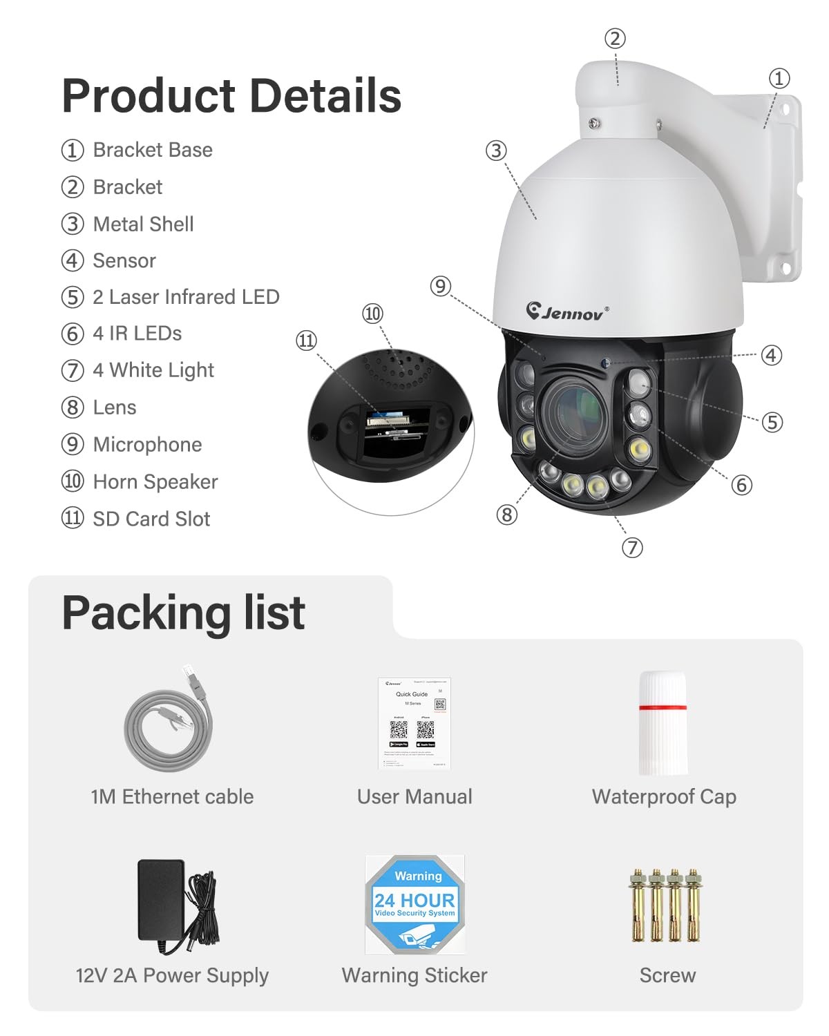 Jennov 6MP POE Security Camera Outdoor 20X Zoom Auto-tracking PTZ Dome Camera