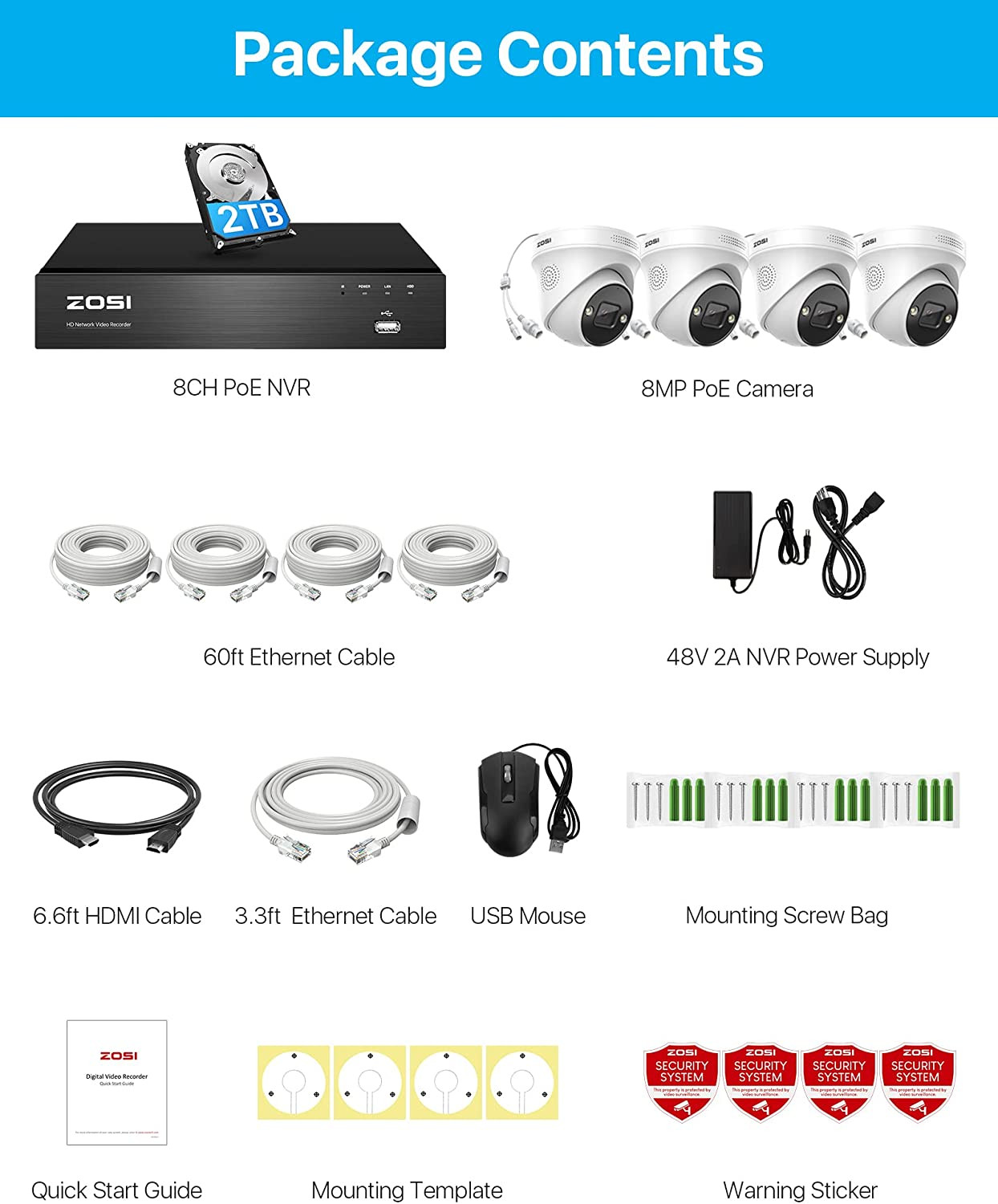 ZOSI 8CH 2TB NVR 4K PoE Security Camera Outdoor Home System Person/Car Detect