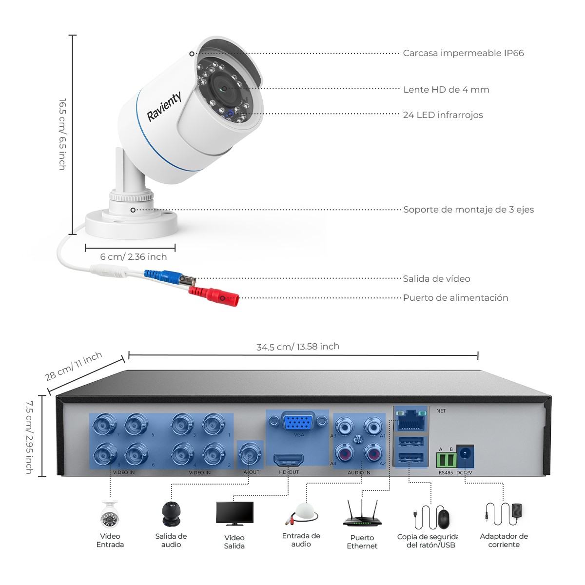 Ravienty 8CH DVR HD 1080P Video CCTV Security Camera System Outdoor AI Detection