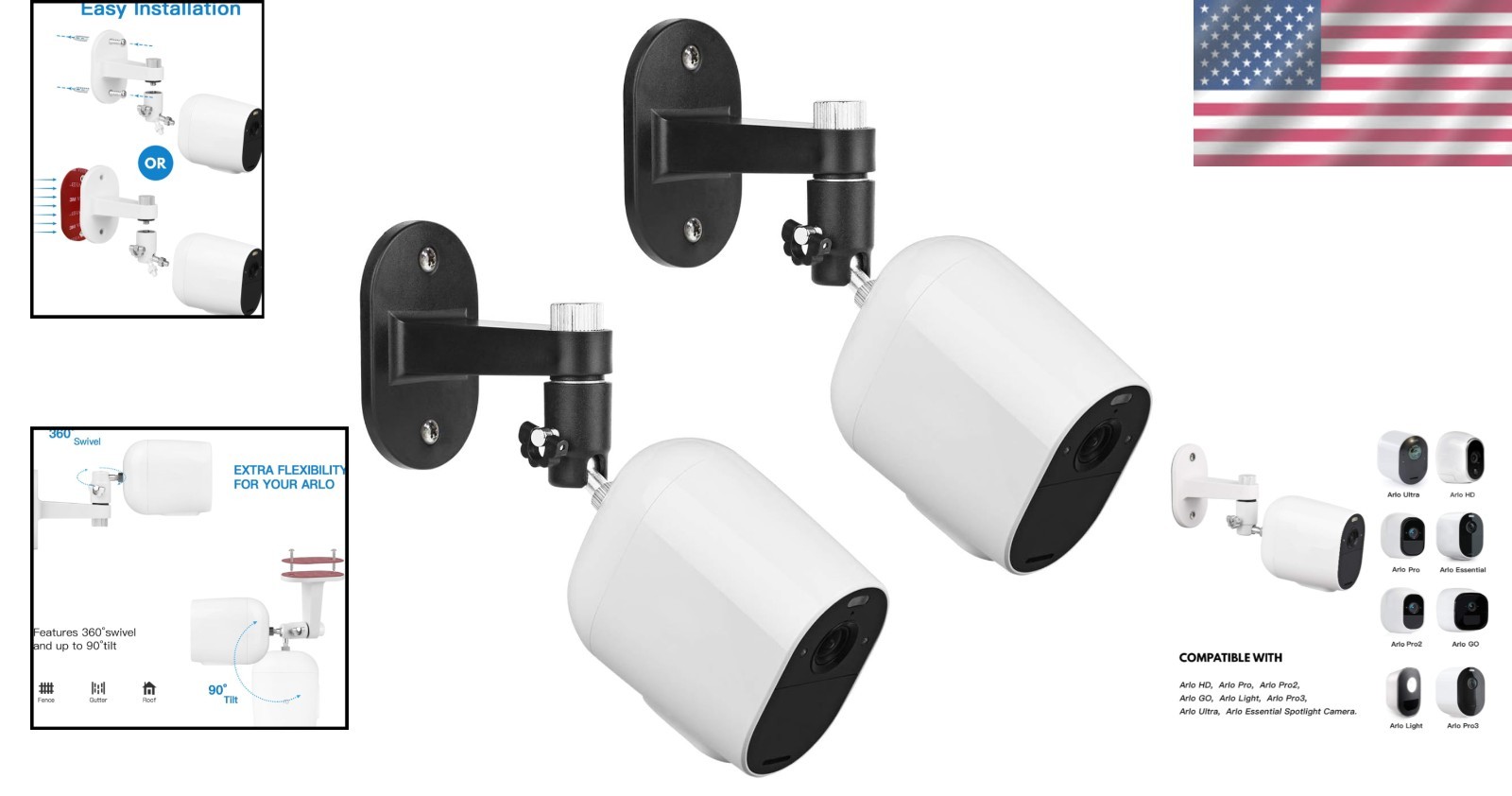 360-Degree Swivel Camera Mount – 2-Pack Adjustable Brackets for Arlo Essential