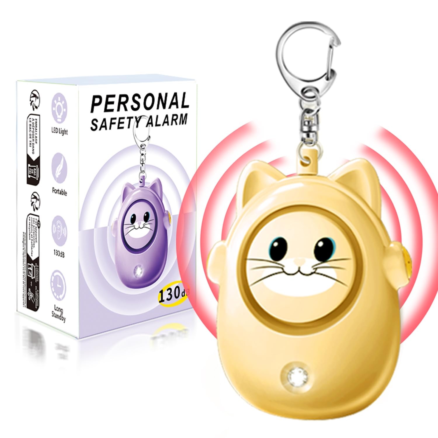 Personal Safety Alarm Keychain, 130dB Loud Siren with LED Light, Cute Cat Des…