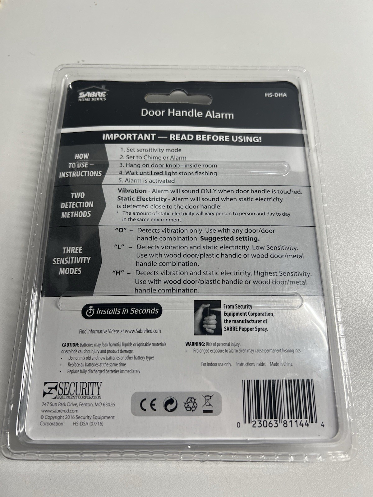 SABRE Door Handle Alarm –110dB Home Security – Audible up to 600 Feet SA81144