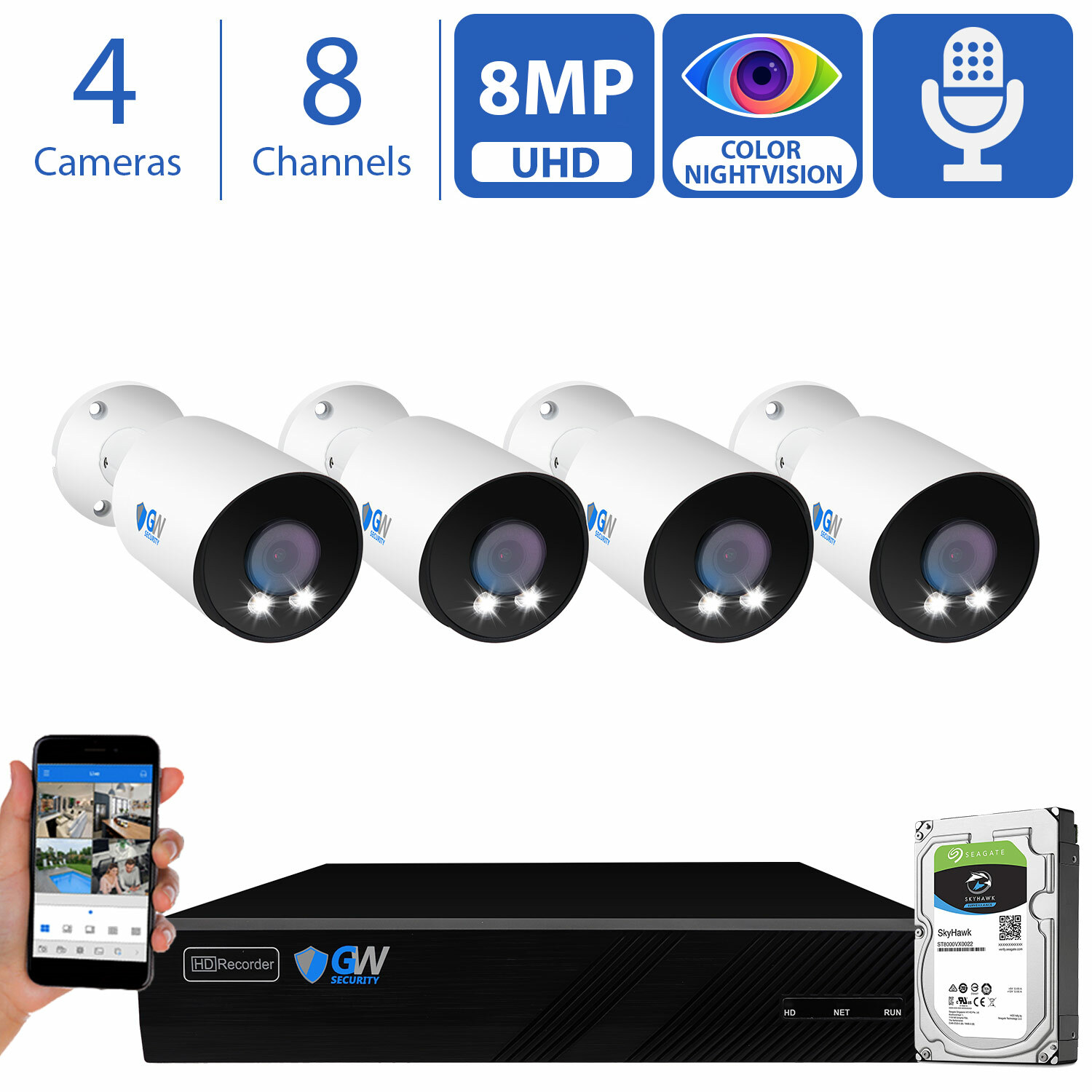 8 Channel 4K NVR 4 X 8MP Starlight 4K Microphone PoE IP Security Camera System
