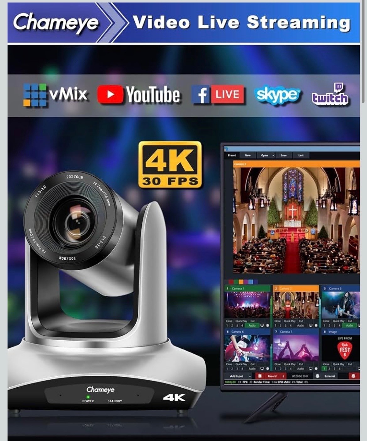 Chameye 4K PTZ Camera with 20X Optical Zoom and Auto Focus