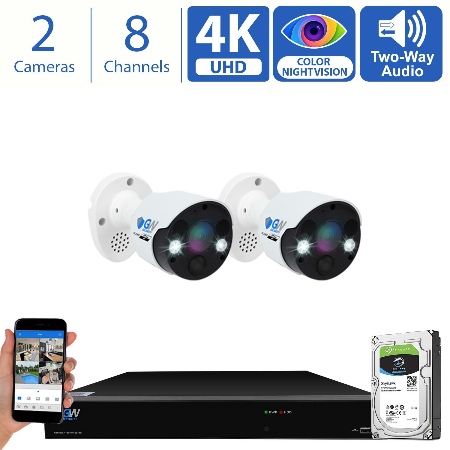 8 Channel 4K NVR 2 X 8MP Full Color 4K Microphone PoE IP Security Camera System