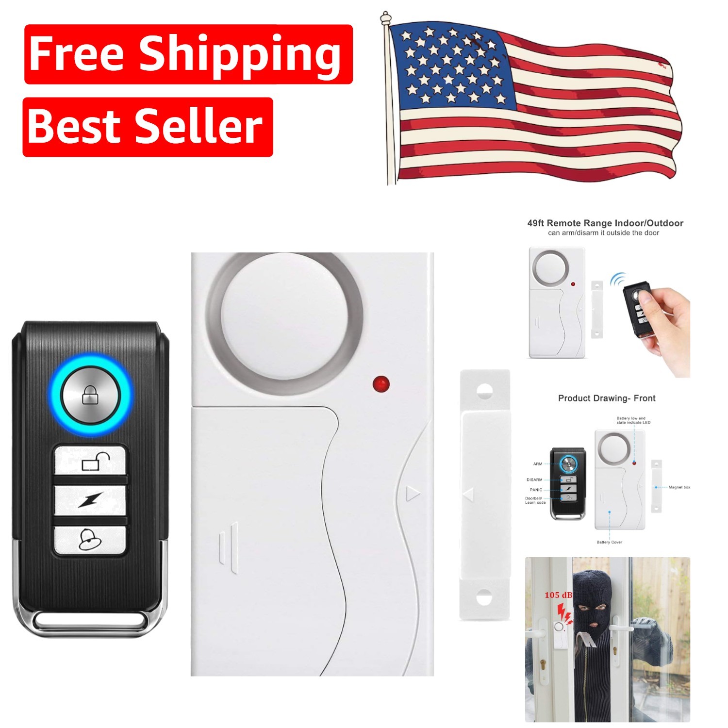Wireless Door Alarm with Remote Control – 105dB Anti-Theft Security Solution