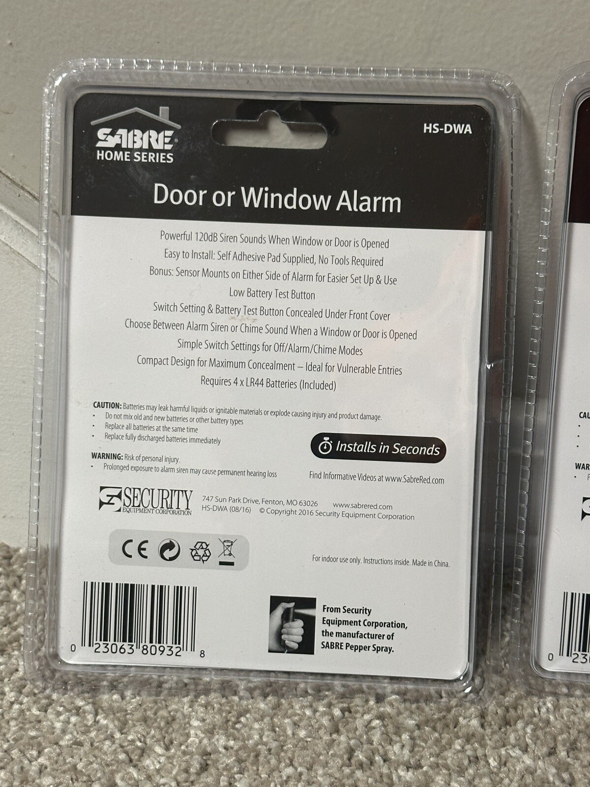SABRE DOOR & WINDOW ALARM 2pk Sliding Patio Basement Garage Car Home Safety LOUD