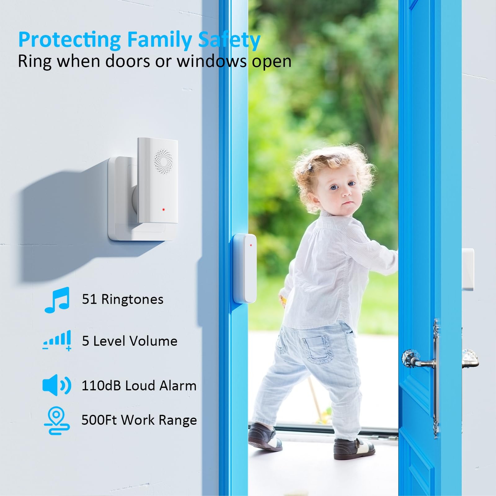 Wireless Door Sensor Chime, Open Alarm When Entry white