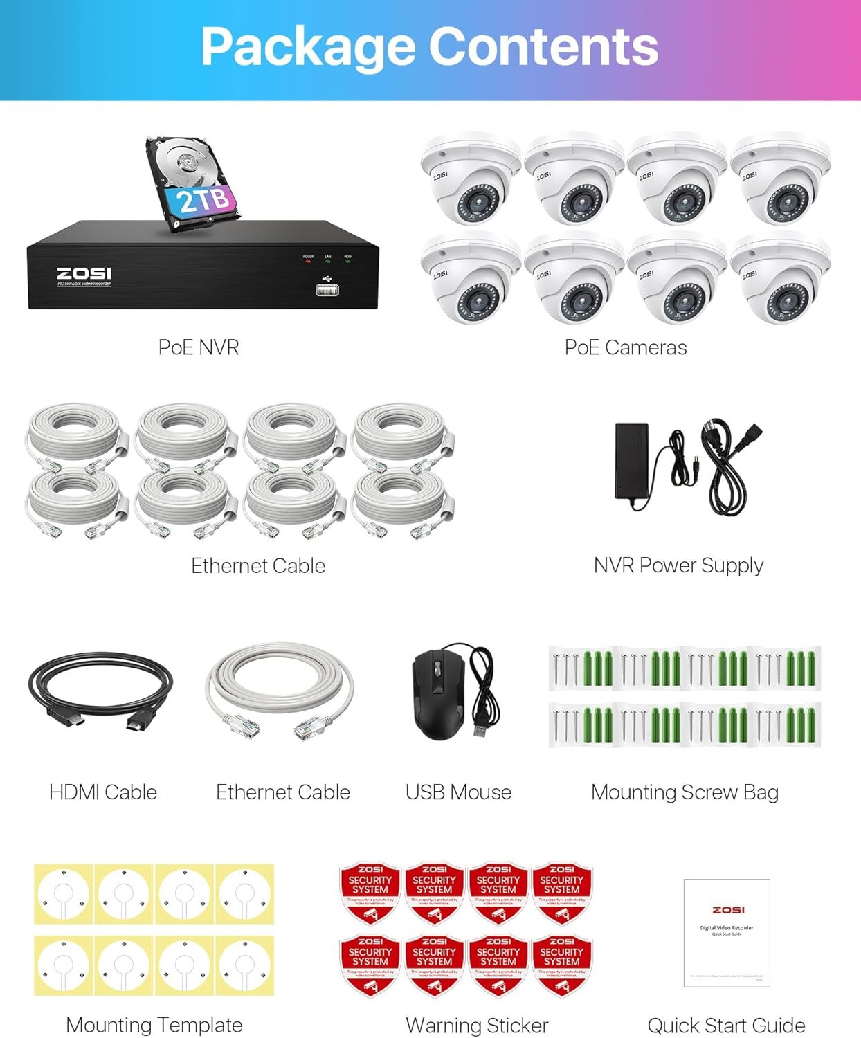 ZOSI 8CH 4K NVR 8pcs 3K 5MP PoE Security System with 2TB HDD Night Vision Detect