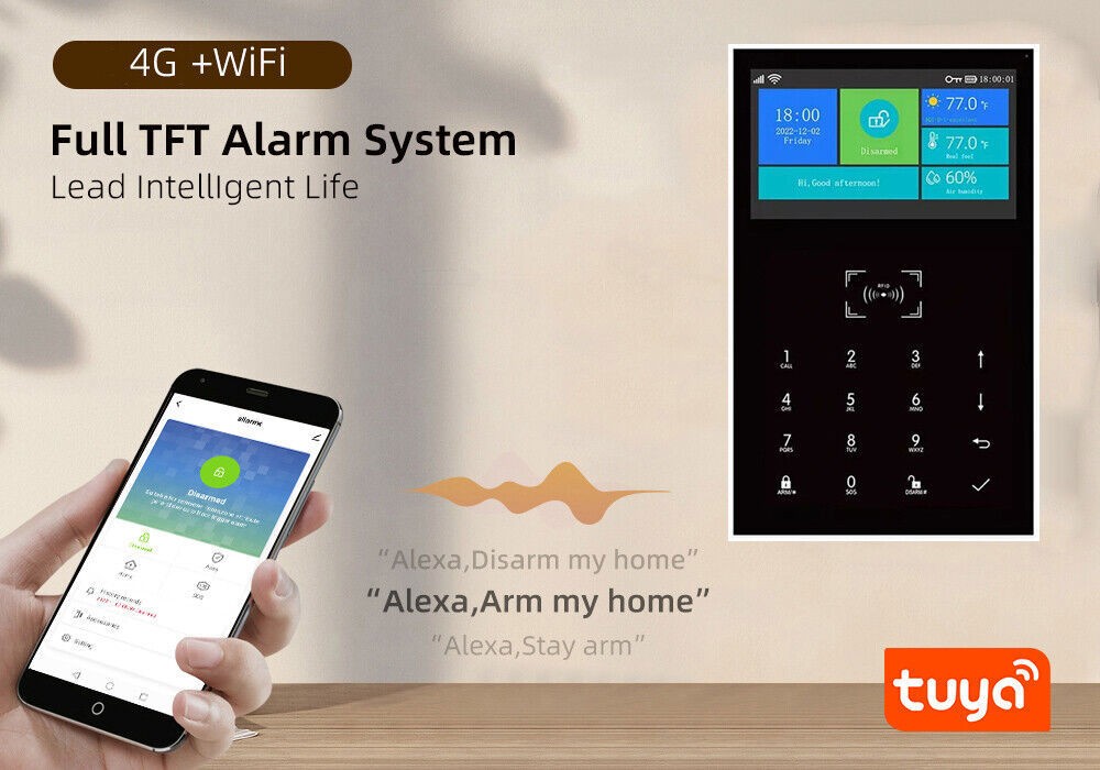 C22 Tuya APP WiFi+US/EU 4G Sim Wireless Home Security Alarm System+Alexa+Google