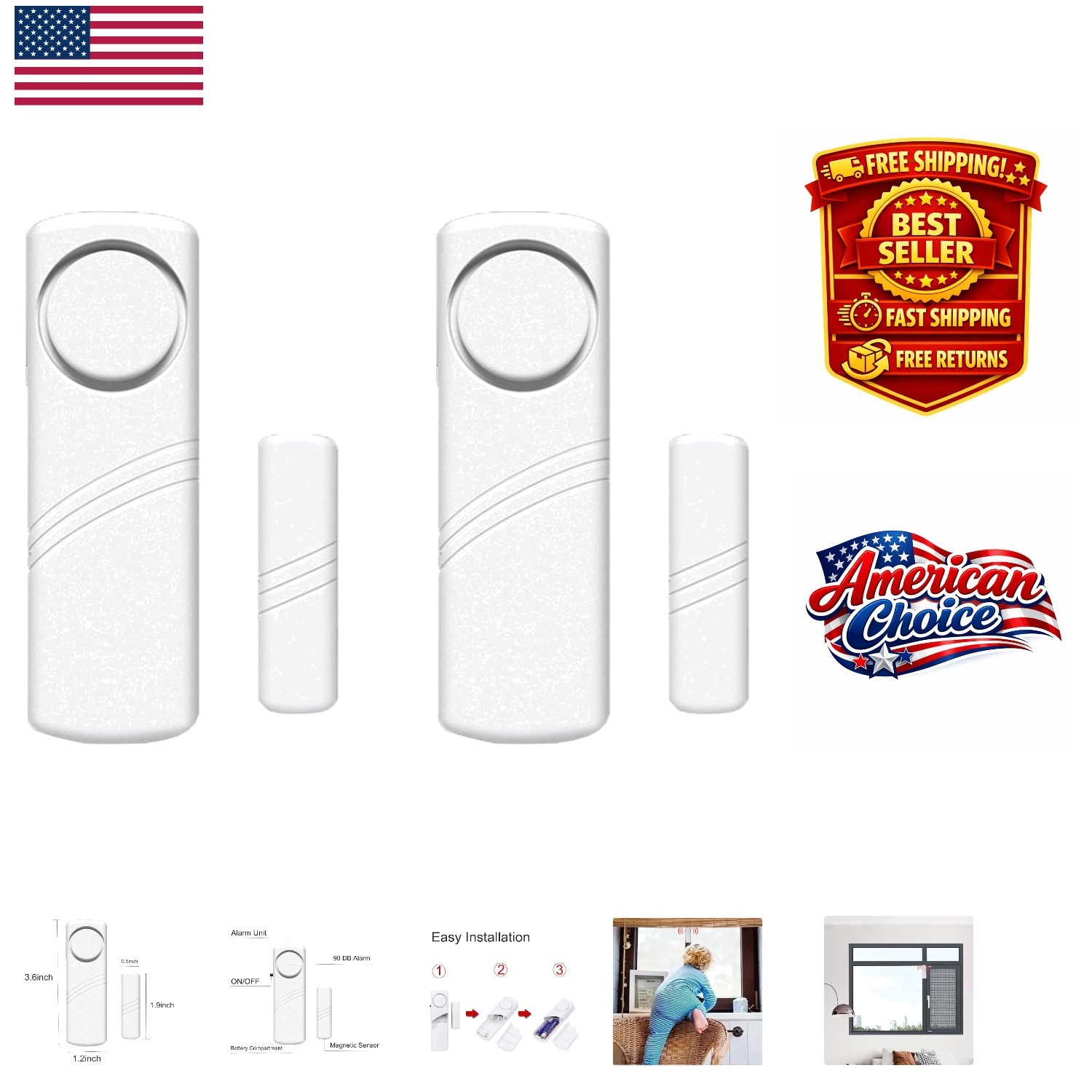 90 Db Home Security Alarm Set – Wireless Door and Window Sensors 2 Pack