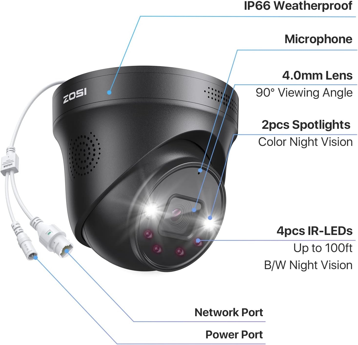 ZOSI 8MP 4K PoE Security IP Dome Camera Add on Sound & Light Alarm AI Detection