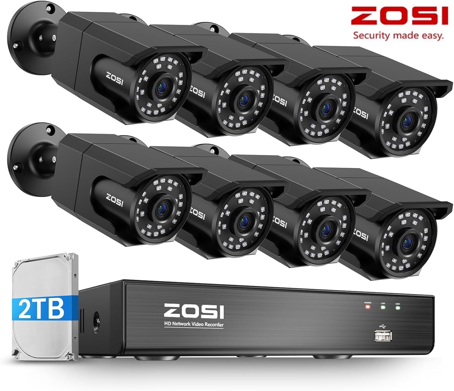 ZOSI UHD 4K PoE Security IP Camera System H.265+8CH NVR with 2TB HDD Human Detet