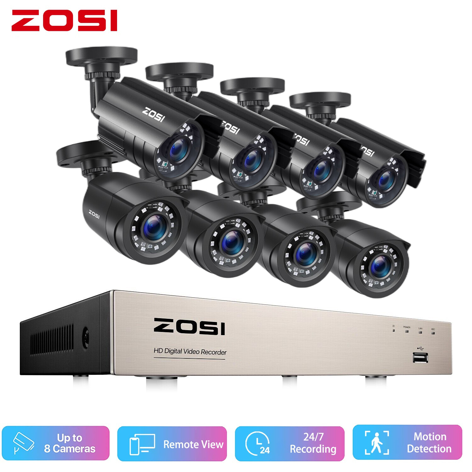 ZOSI 8CH H.265+ 5MP Lite DVR 2MP CCTV Home Security Camera System IR Night IP66