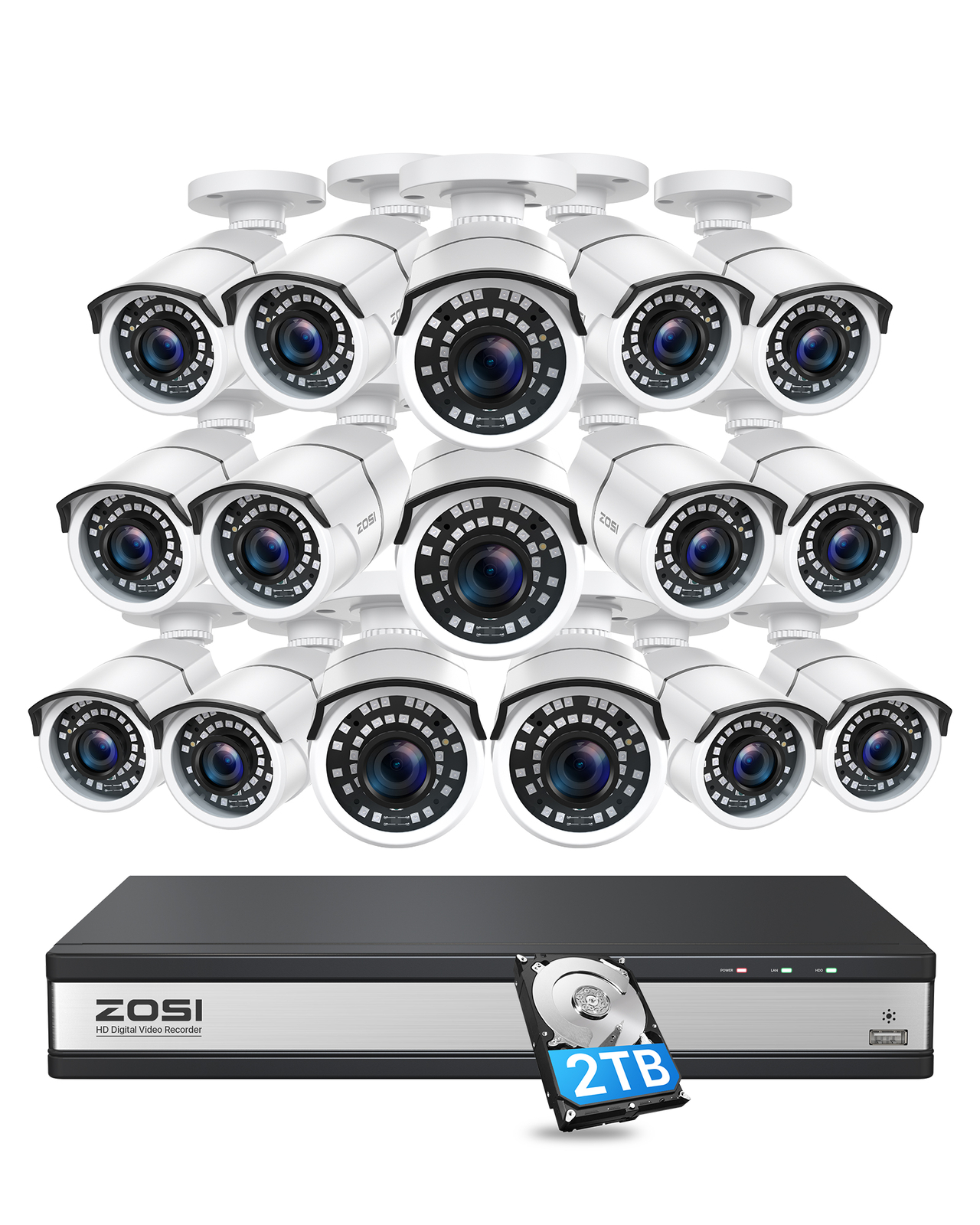 ZOSI H.265+16CH Outdoor CCTV 1080p Security Camera System 120ft Night Vision 2TB