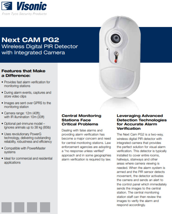 Visonic Next CAM PG2 Wireless Motion Detector w/ Integrated Camera 3 YR Battery