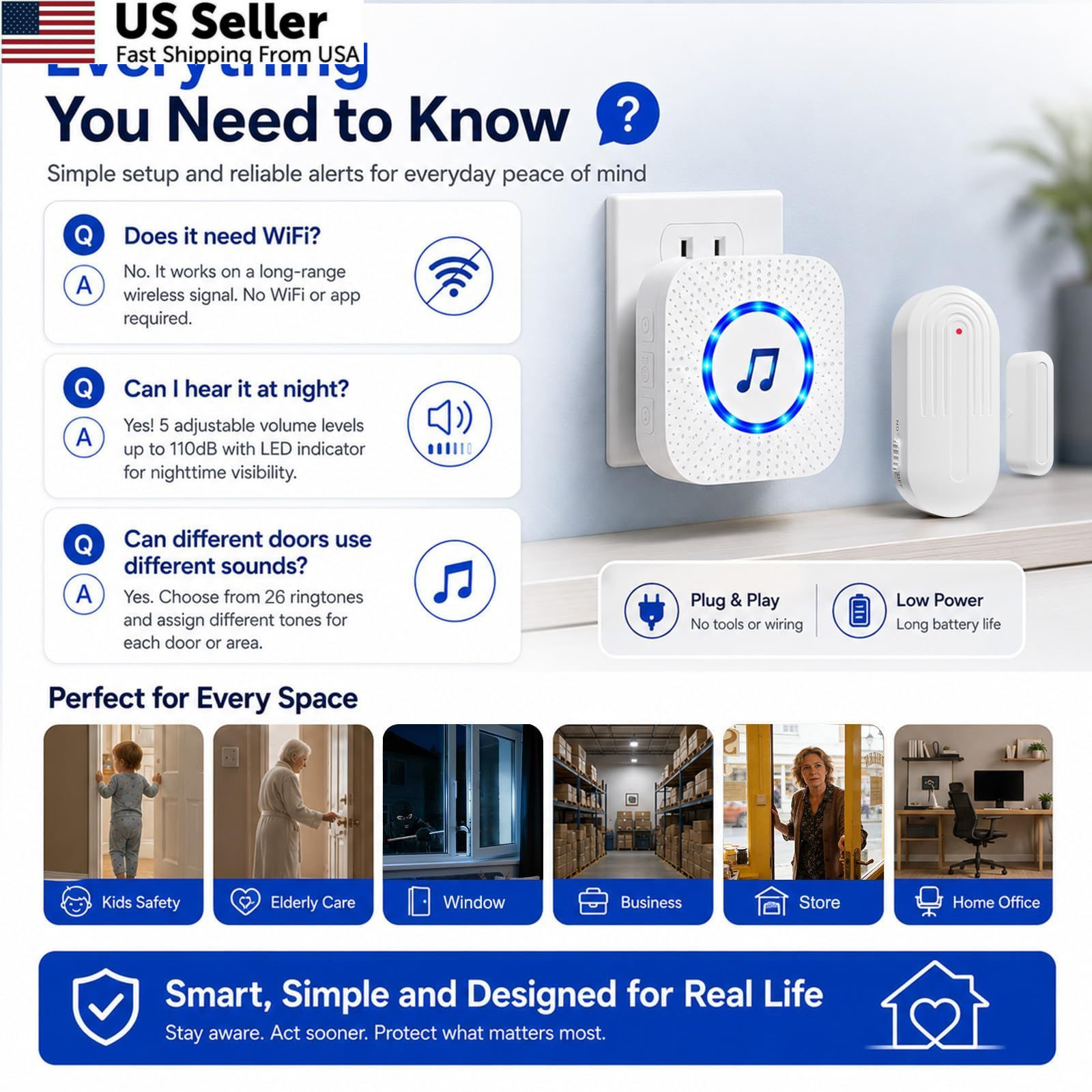 Door Chime,SanJie Wireless Sensor 2 Sensors + 1 Receiver White, White