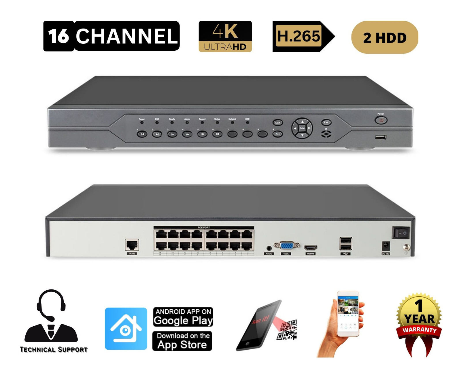 16 Channel 8TB HDD 4K 8MP IP PoE 12 Security Dome Camera System with Audio
