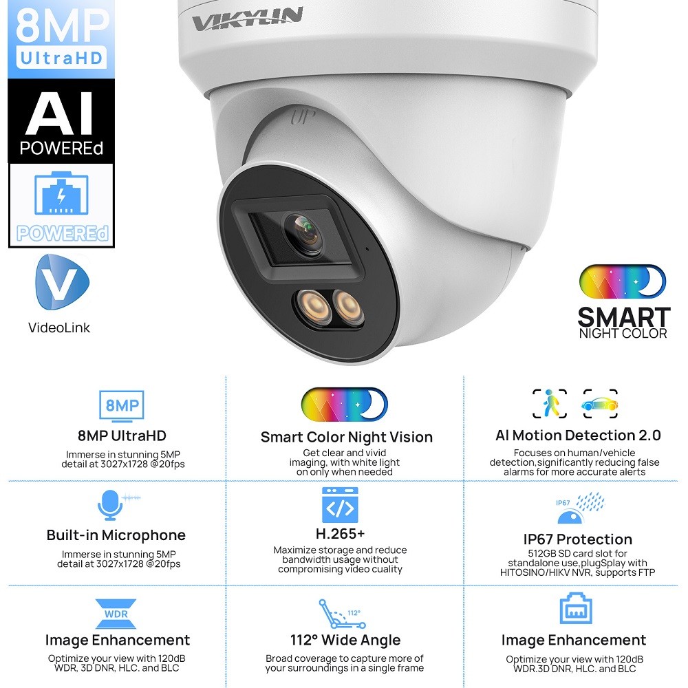 Vikylin 8CH 8POE 4K 8MP Outdoor Security Camera System Color Night Vision Lot