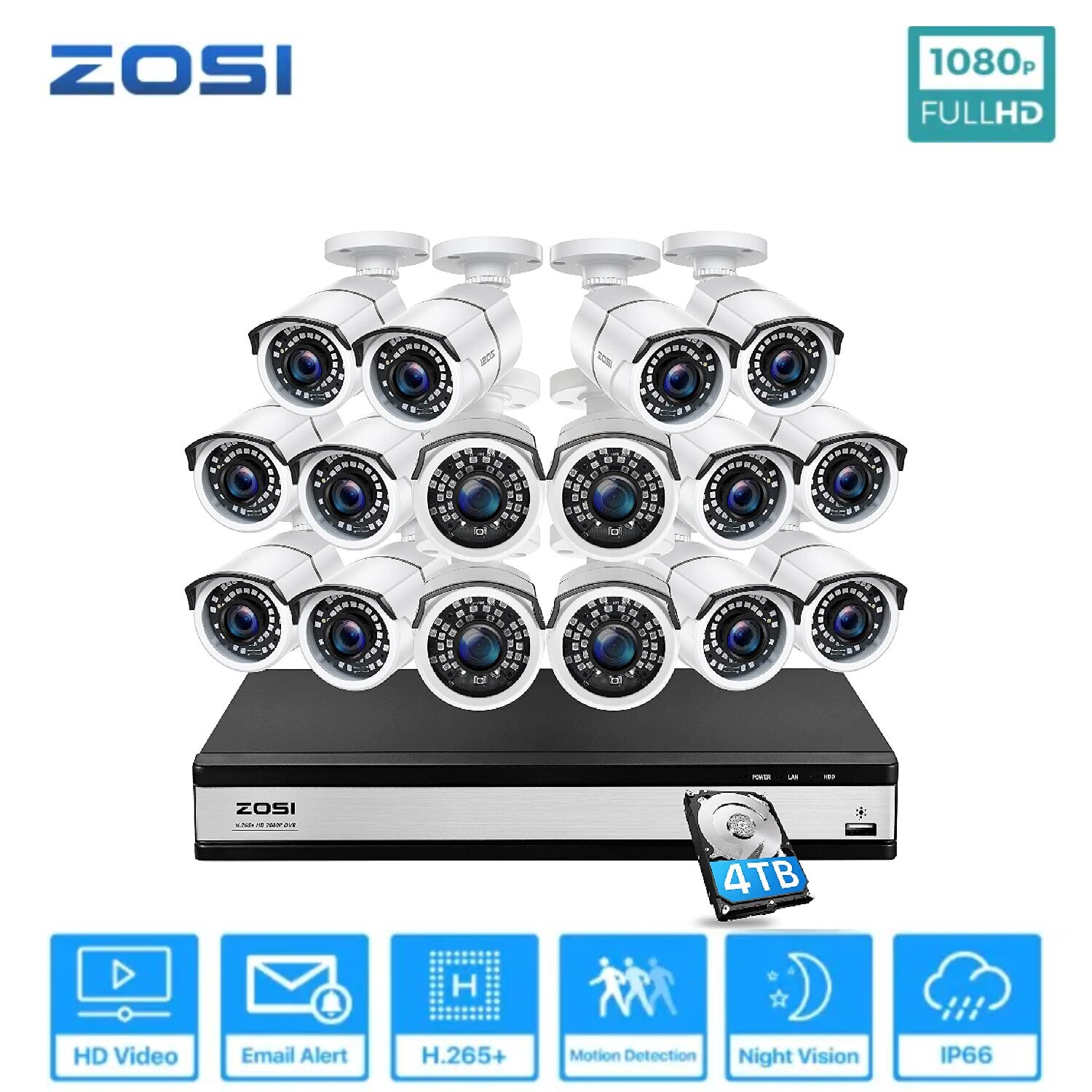 ZOSI H.265+16CH 1080P Security Camera System CCTV Night Vision DVR 24/7 Record