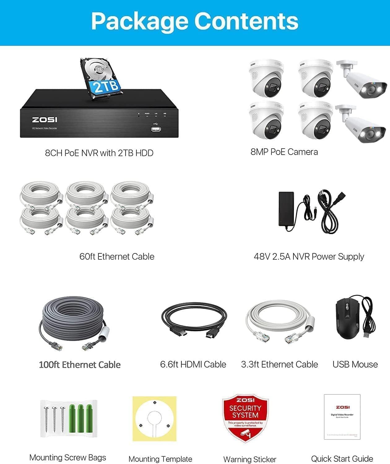 ZOSI 4K 8CH Spotlight PoE Security Camera System NVR with 2TB HDD for 24/7 Audio