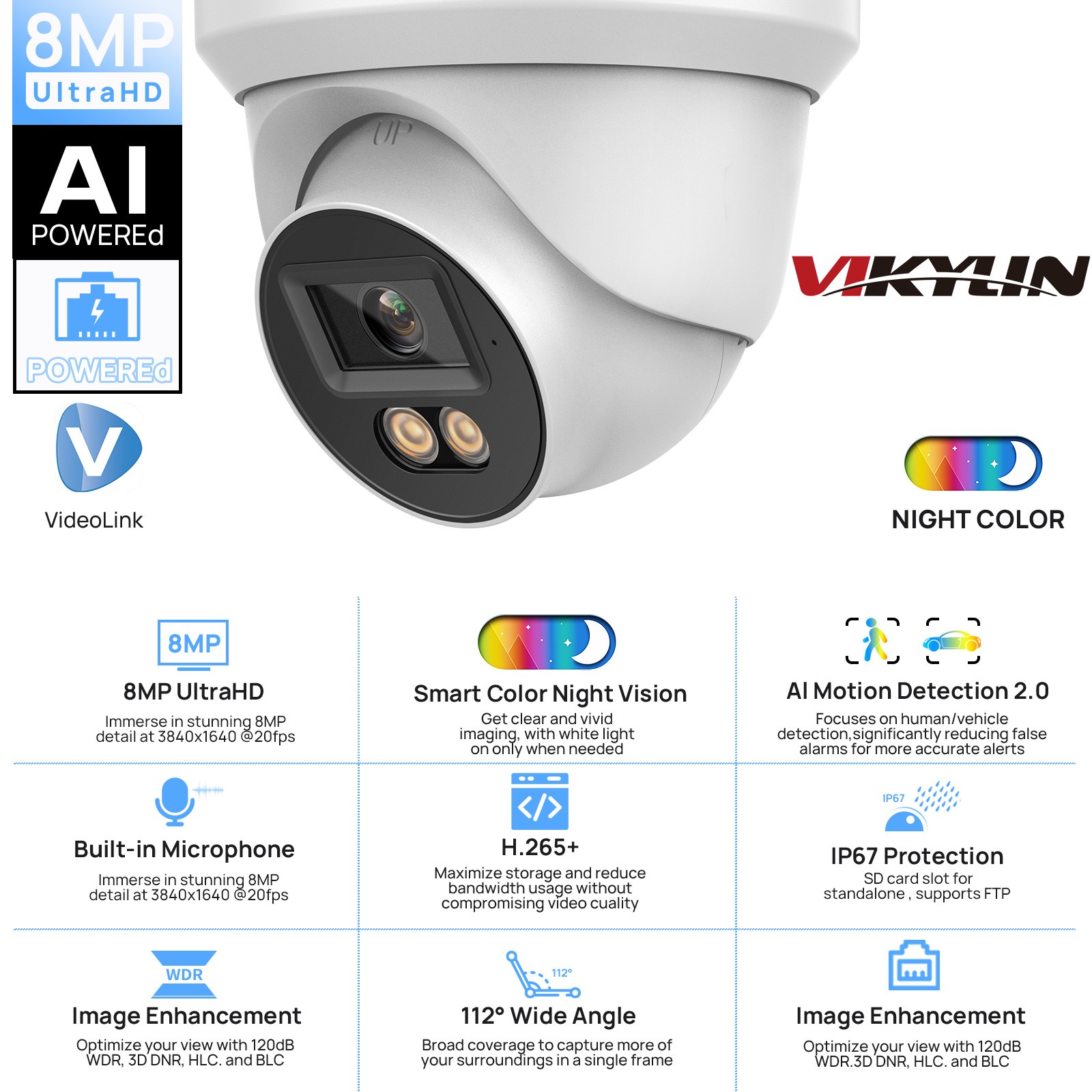 Vikylin 16CH NVR Systems 16POE 24h Color Turret 8MP Monitor Security Camera Lot