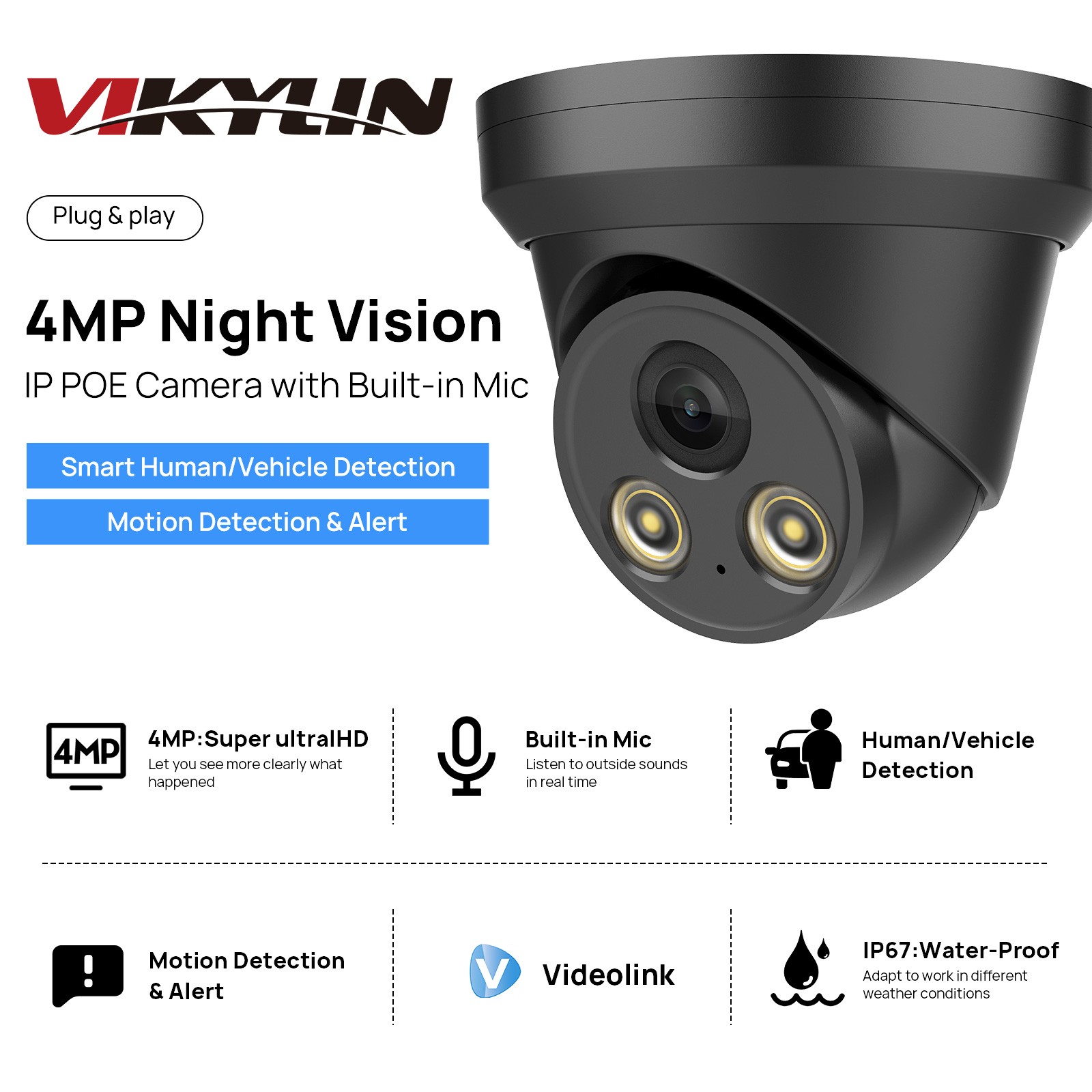 VIKYLIN 8CH 8POE NVR Security Systems Turret IR30M 4MP IP CAMERA MIC Black Lot