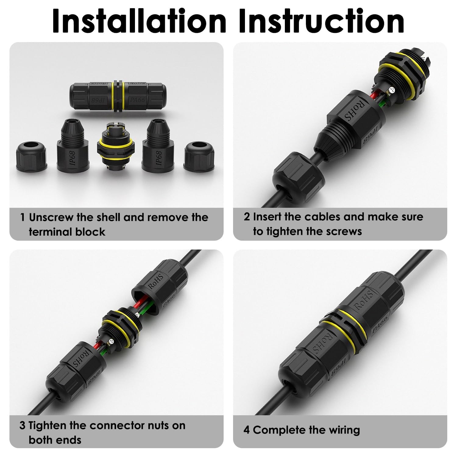 10PCS 3 Pole Wire Connector IP68 Waterproof Junction Box M20 3Pin Screw-In Black