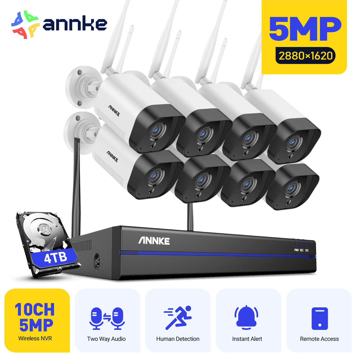 ANNKE Wireless 8CH NVR 5MP Security Camera System Two Way Audio Human Detection