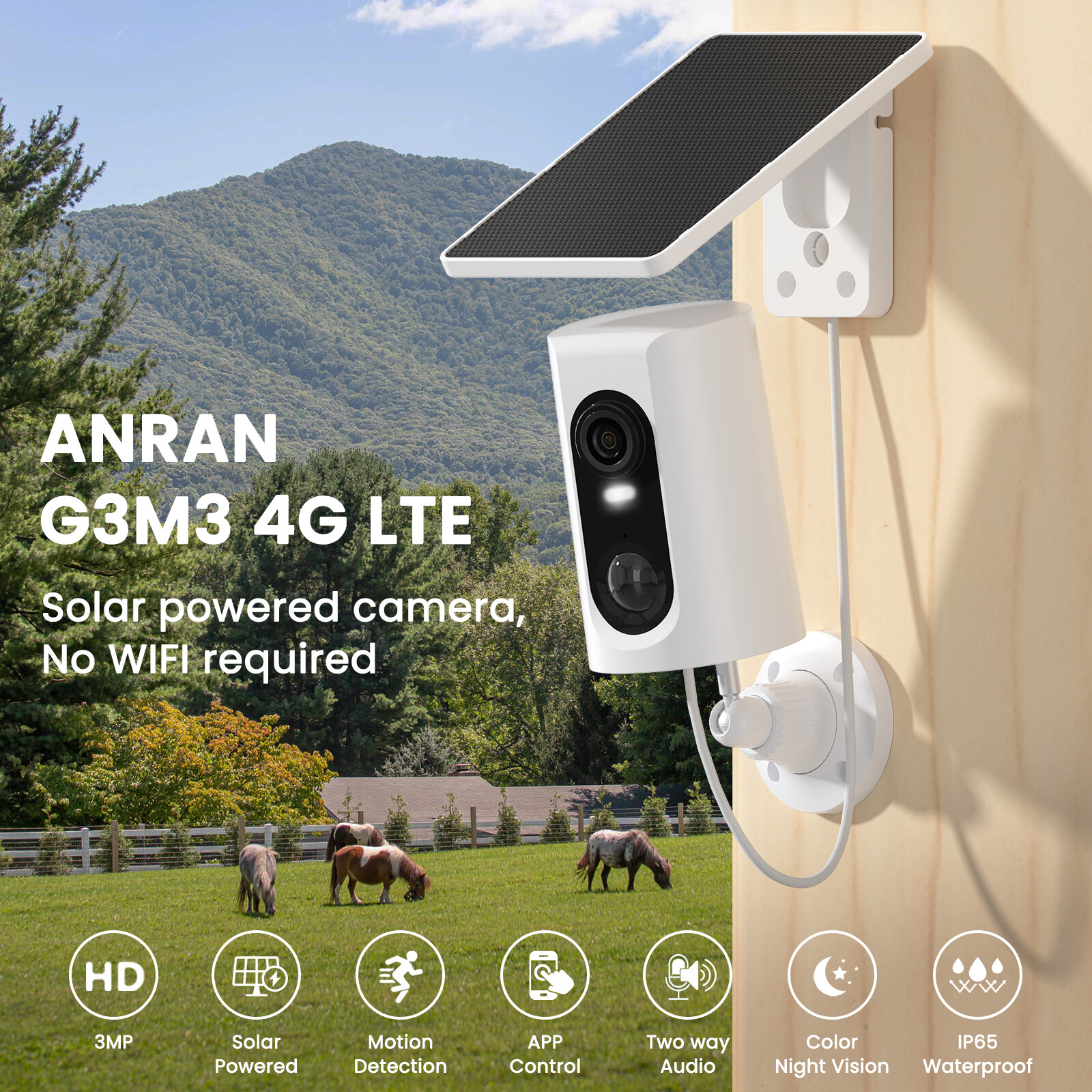 ANRAN 4G LTE Cellular Solar Security Camera 360° Live View 3MP Outdoor Wireless