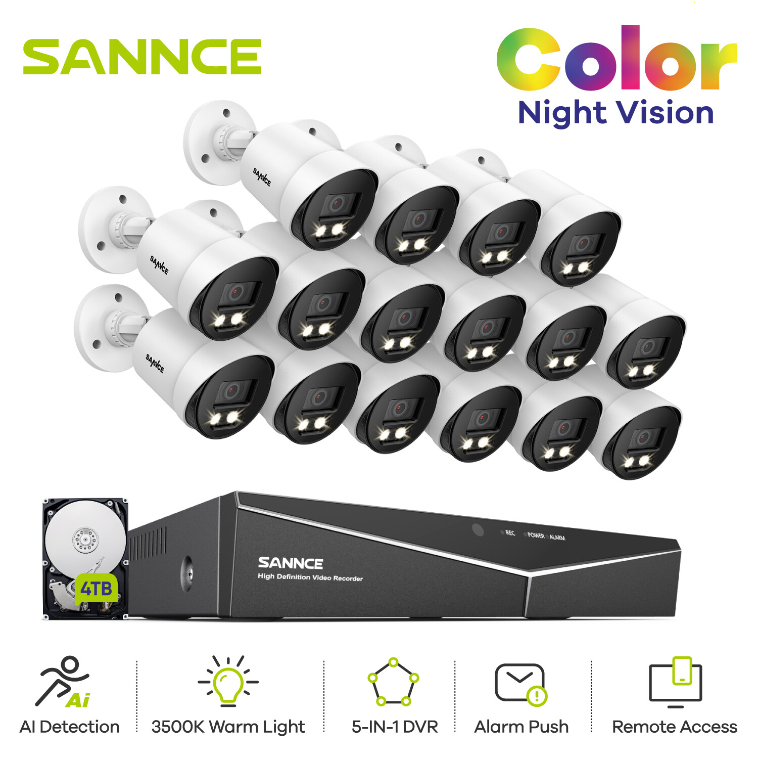 SANNCE 16CH DVR HD 1080P Full Color Night Vision Security Camera System Outdoor