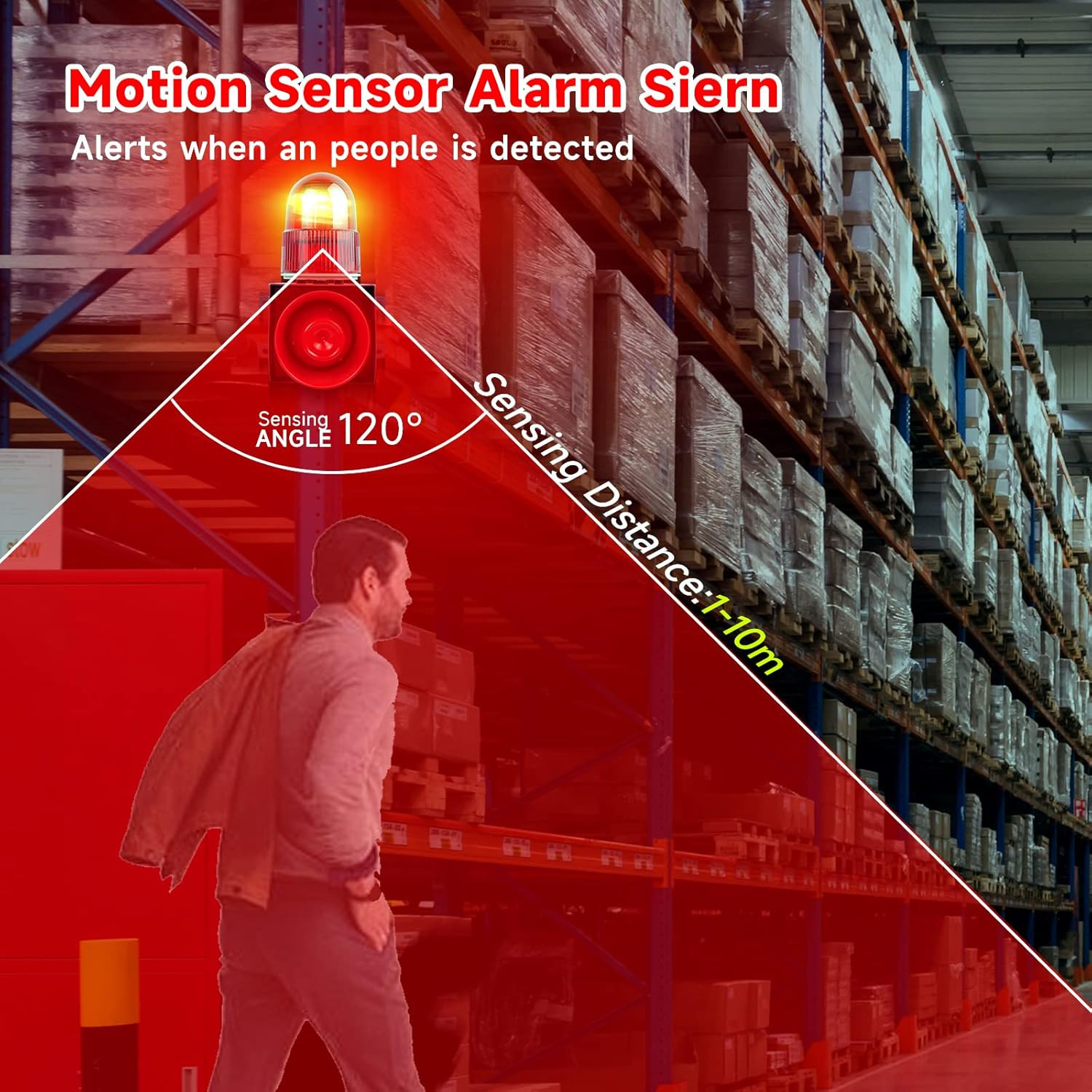 Motion Sensor Alarm 120Db Horn Adjustable Volume Tones Waterproof LED Strobe Lig