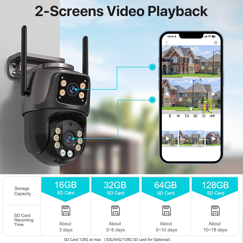 4K 8MP HD Wifi PTZ Camera Outdoor 4MP Dual Lens Dual Screen AI Auto Tracking IP