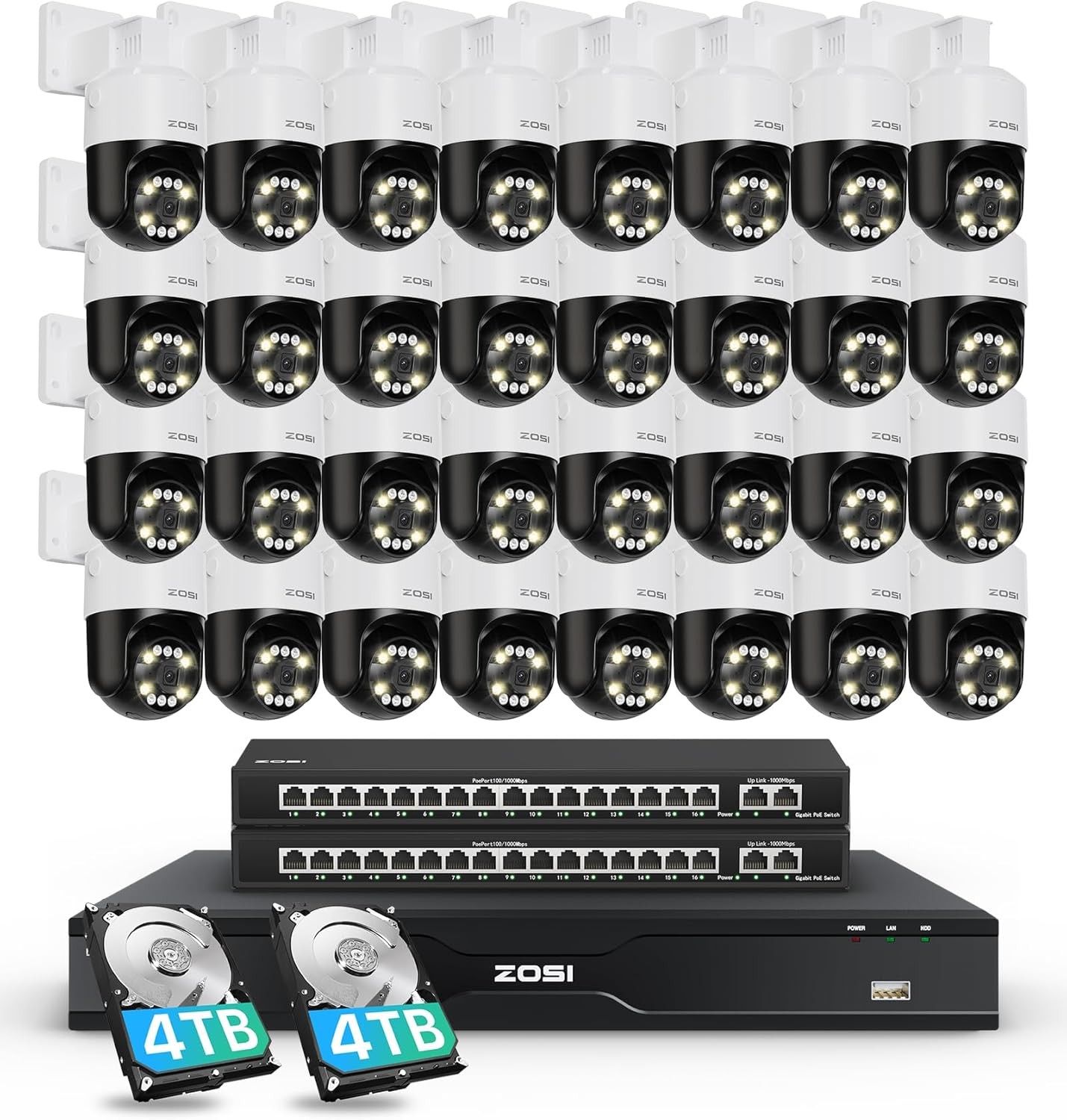 ZOSI 32CH 32pcs 8MP PoE Pan/Tilt Security Camera System AI Detect NVR with 8TB