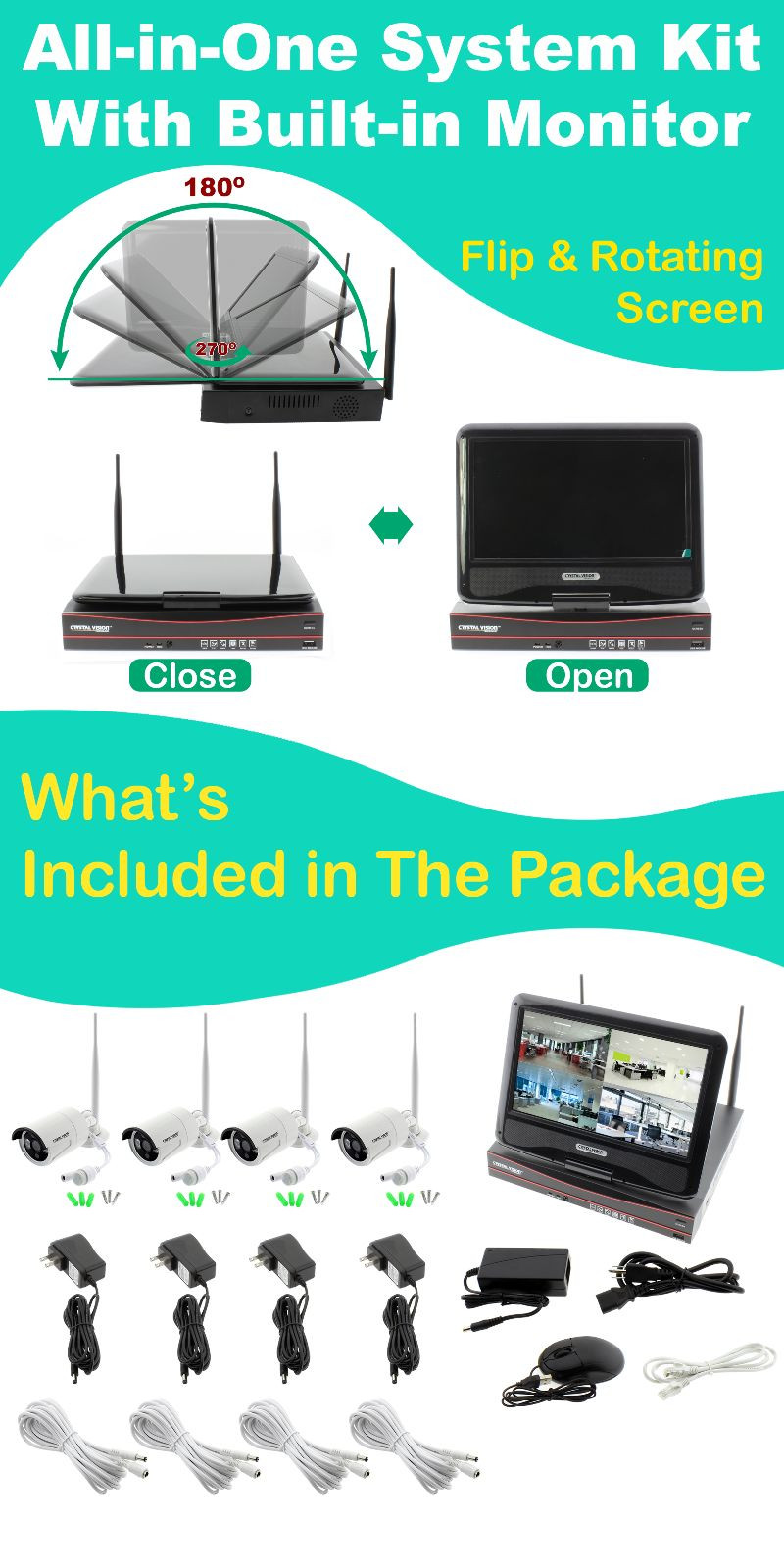 Crystal Vision All-in-One HD 4CH Wireless System w/ 10.1″ Built in Screen&Camera