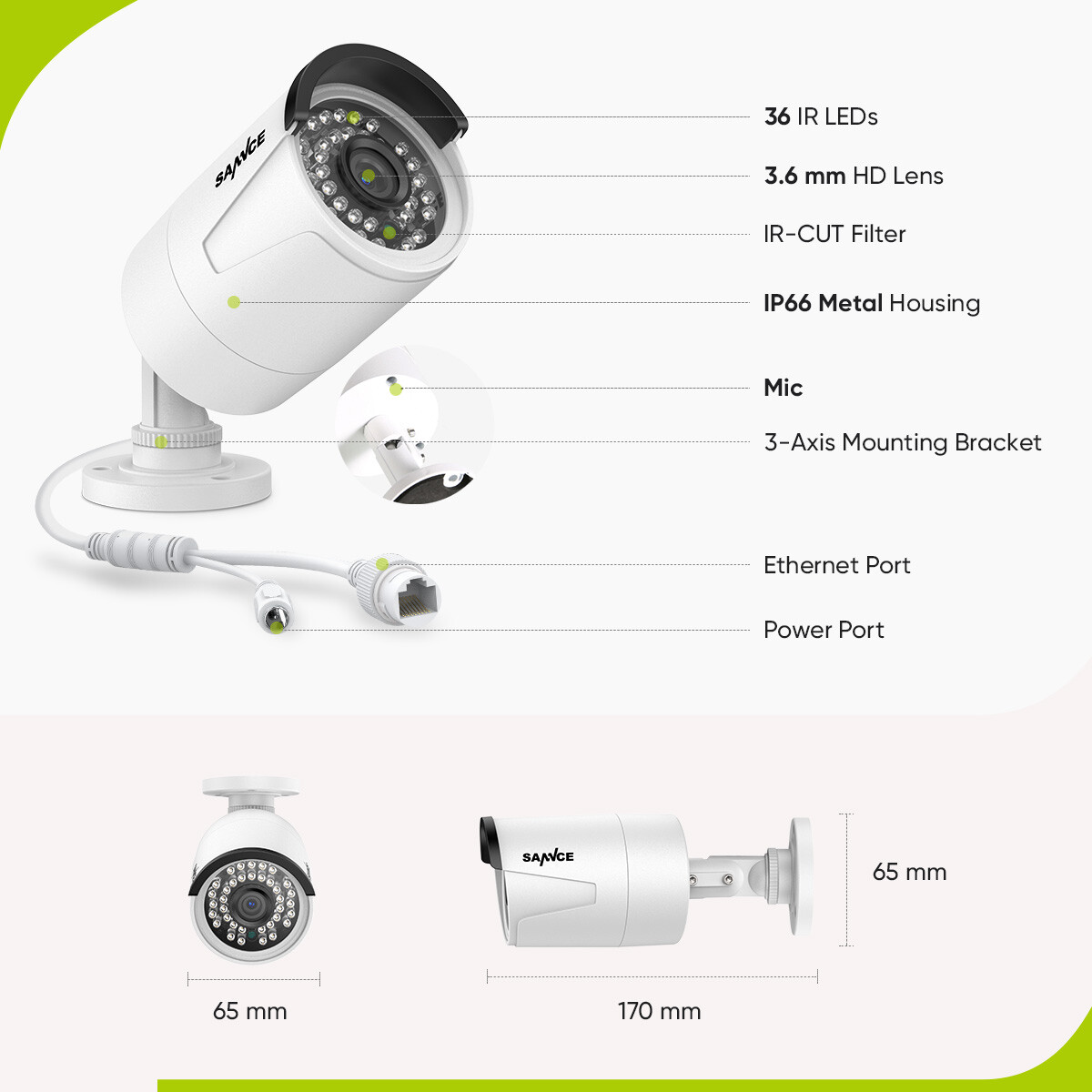SANNCE 2PCS 5MP POE Security Camera Audio Mic Outdoor Video Night for N98PBD NVR