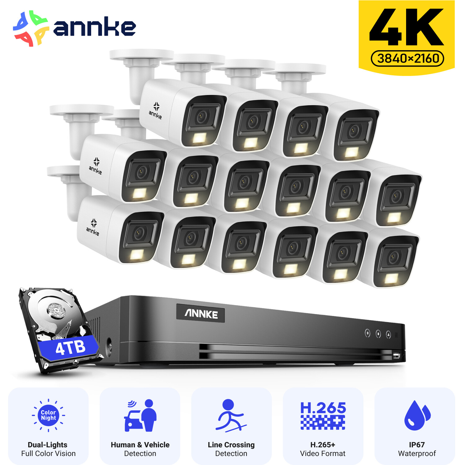 ANNKE 16CH DVR 4K CCTV Security Camera System AI Color Night Vision IP67 H.265+