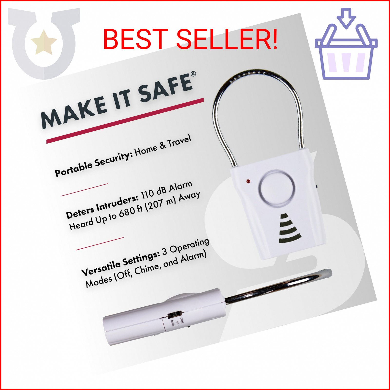 SABRE 110dB Door Handle Alarm, Extremely Loud Wireless Audible Up To 680 Ft Away