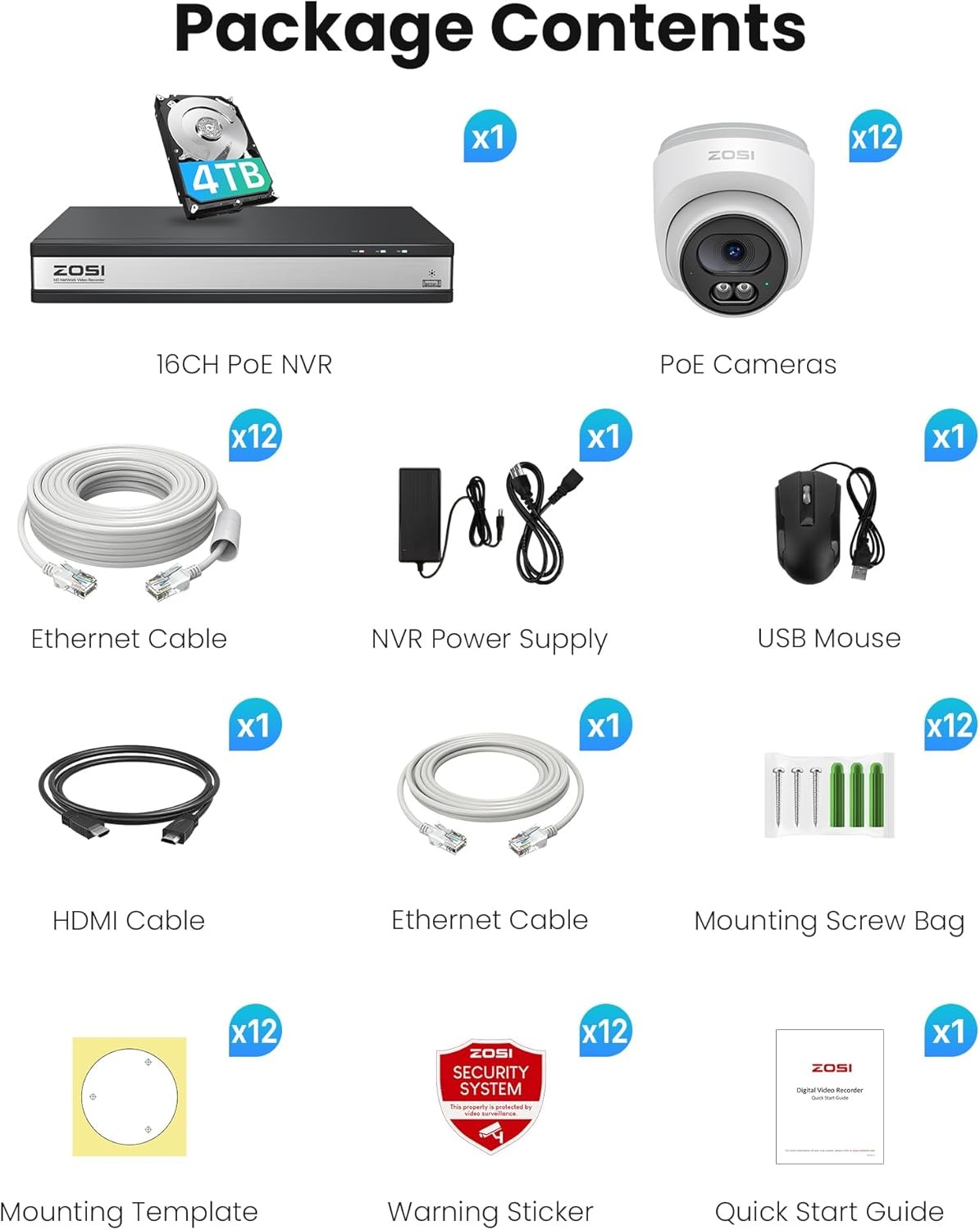 ZOSI C220 16CH 4K NVR PoE Security 4MP Camera System Outdoor 2 Way Audio 4TB HDD