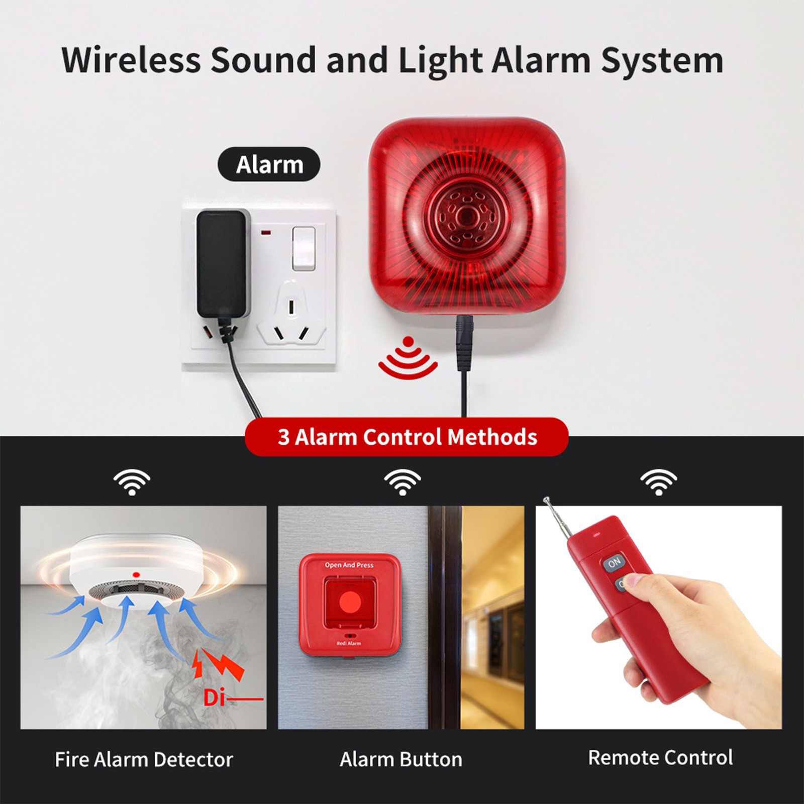 4 Pack Wireless RF 433MHz Fire Alarm Bell Sound Light Alert US Plug V1