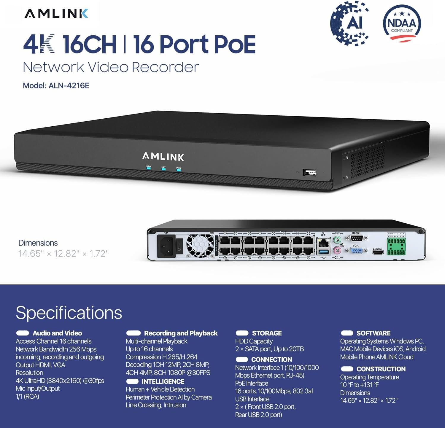 AMLINK 12MP 16CH AI NVR (8-Port PoE), Smart NVR, Human and Vehicle Detection