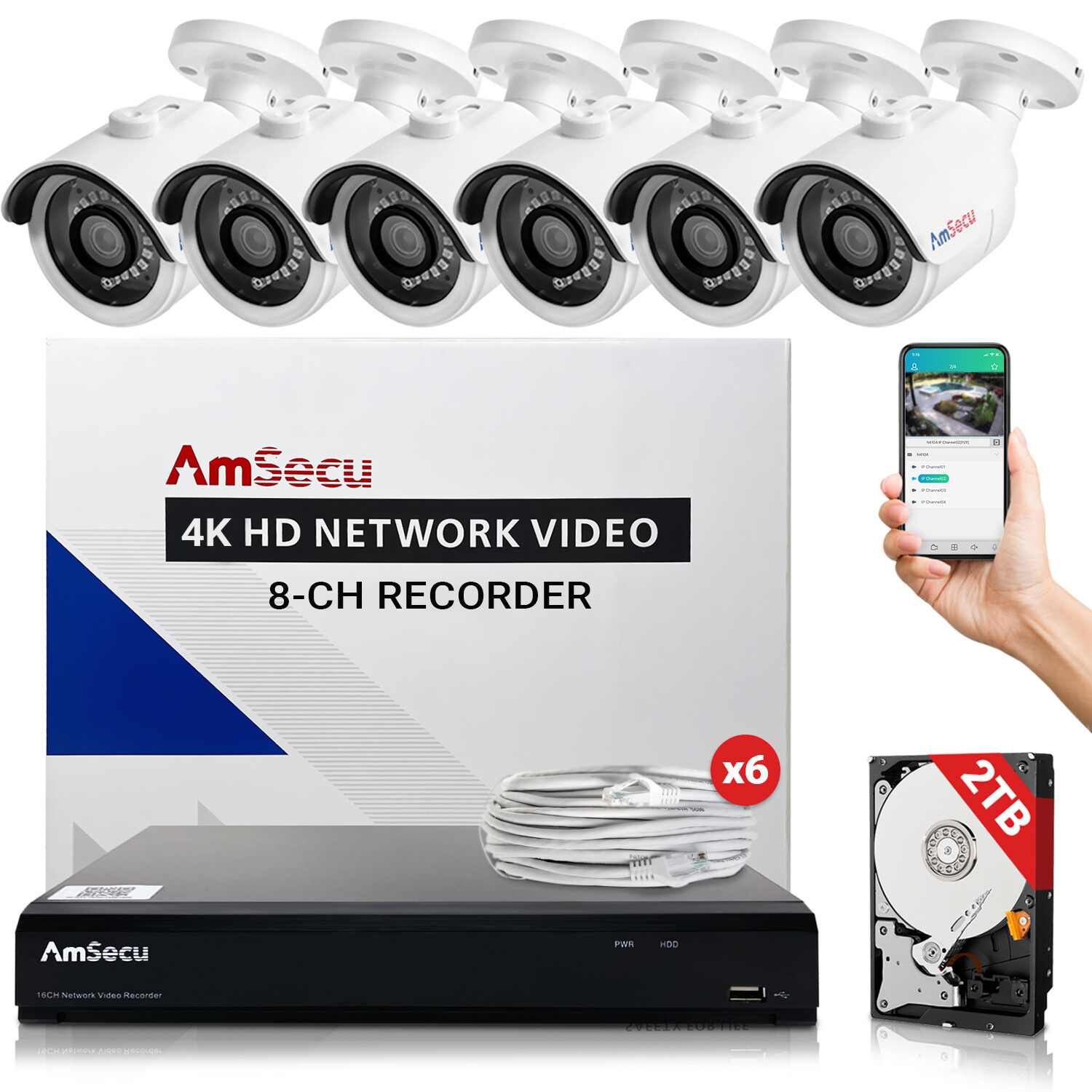 AmSecu 4K Home Security Camera System 8-CH NVR + 6 Bullet PoE Cameras & 2TB HD