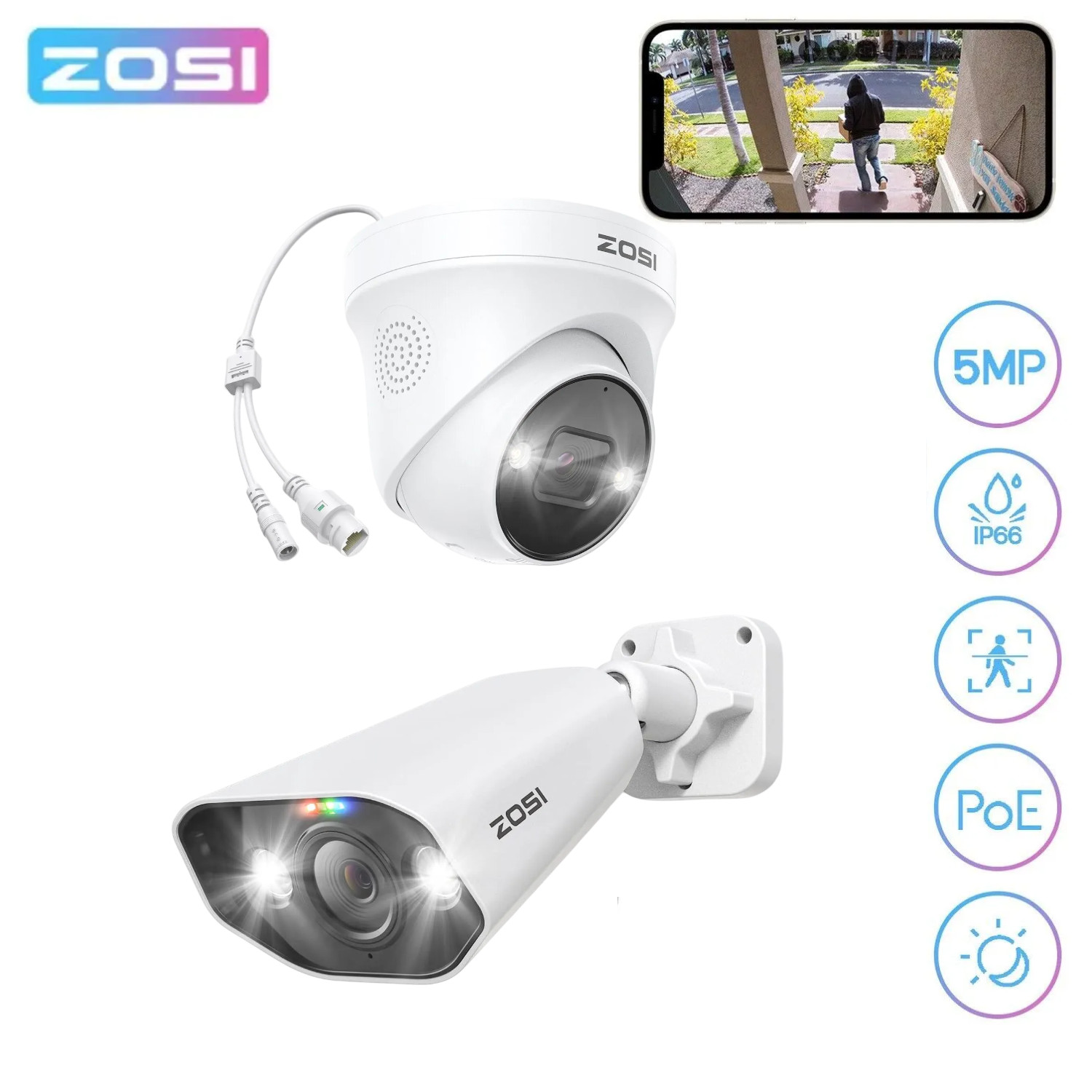 ZOSI 5MP IP PoE Security Camera DIY AI Voice/Car Detect Wide View IR Night CCTV
