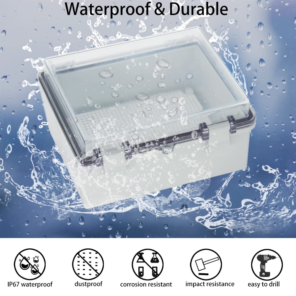 Otdorpatio Junction Box, Hinged Clear Cover IP67 8.7″x6.7″x4.3″, Transparent