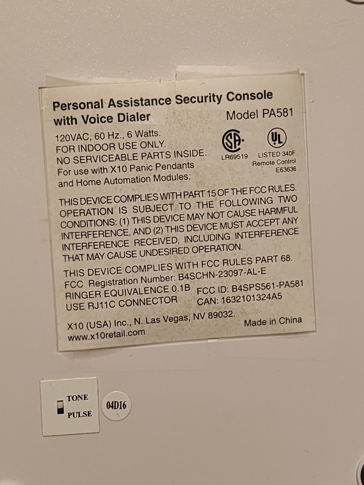 X10 POWERHOUSE PA5800 PERSONAL ASSISTANCE SECURITY SYSTEM PA581 PENDANT HP564