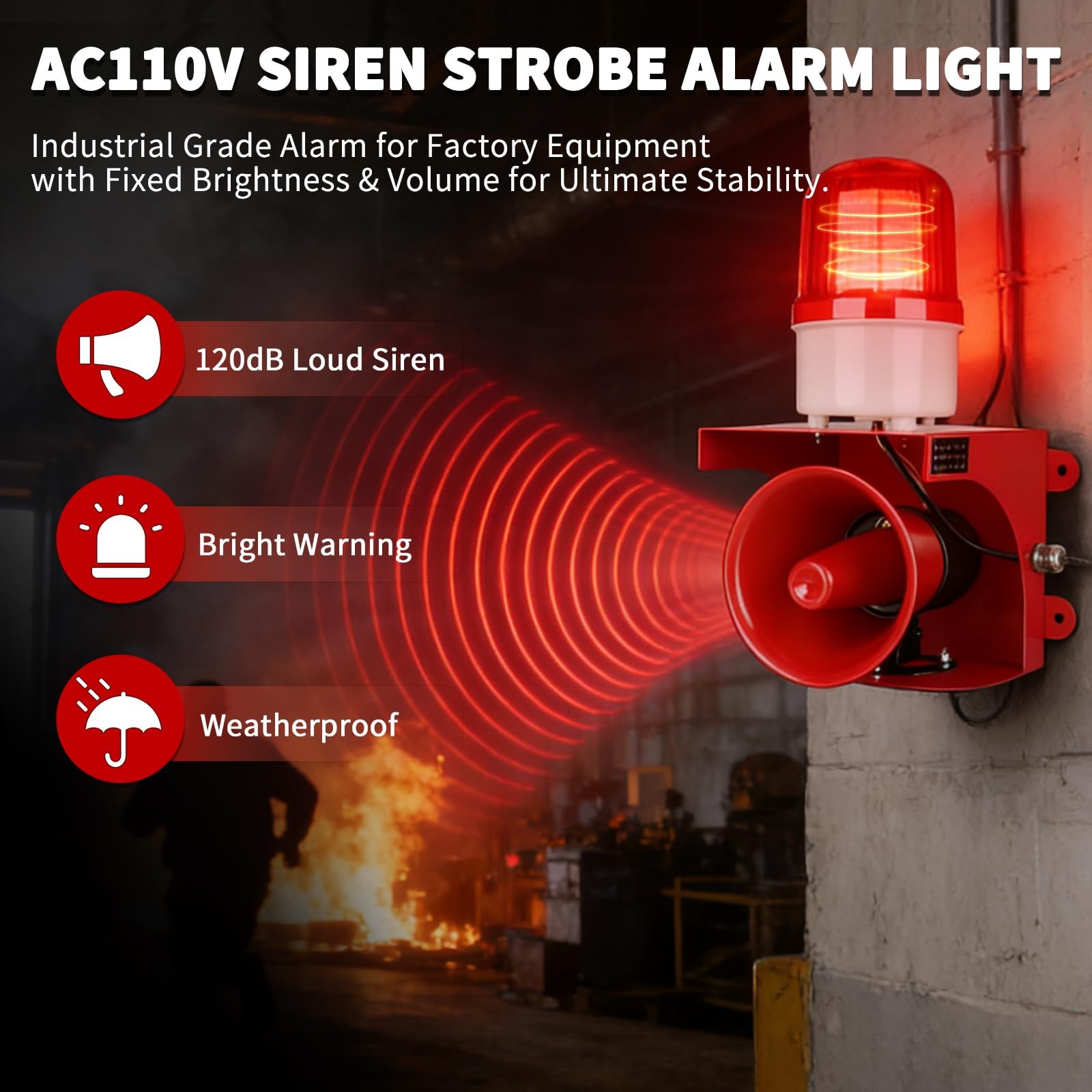 AC110V Industrial Siren Alarm Strobe Light-120dB Loud Horn&Red Beacon Warning…